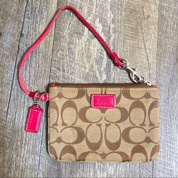 Coach Signature Wristlet With Pink Leather Strap